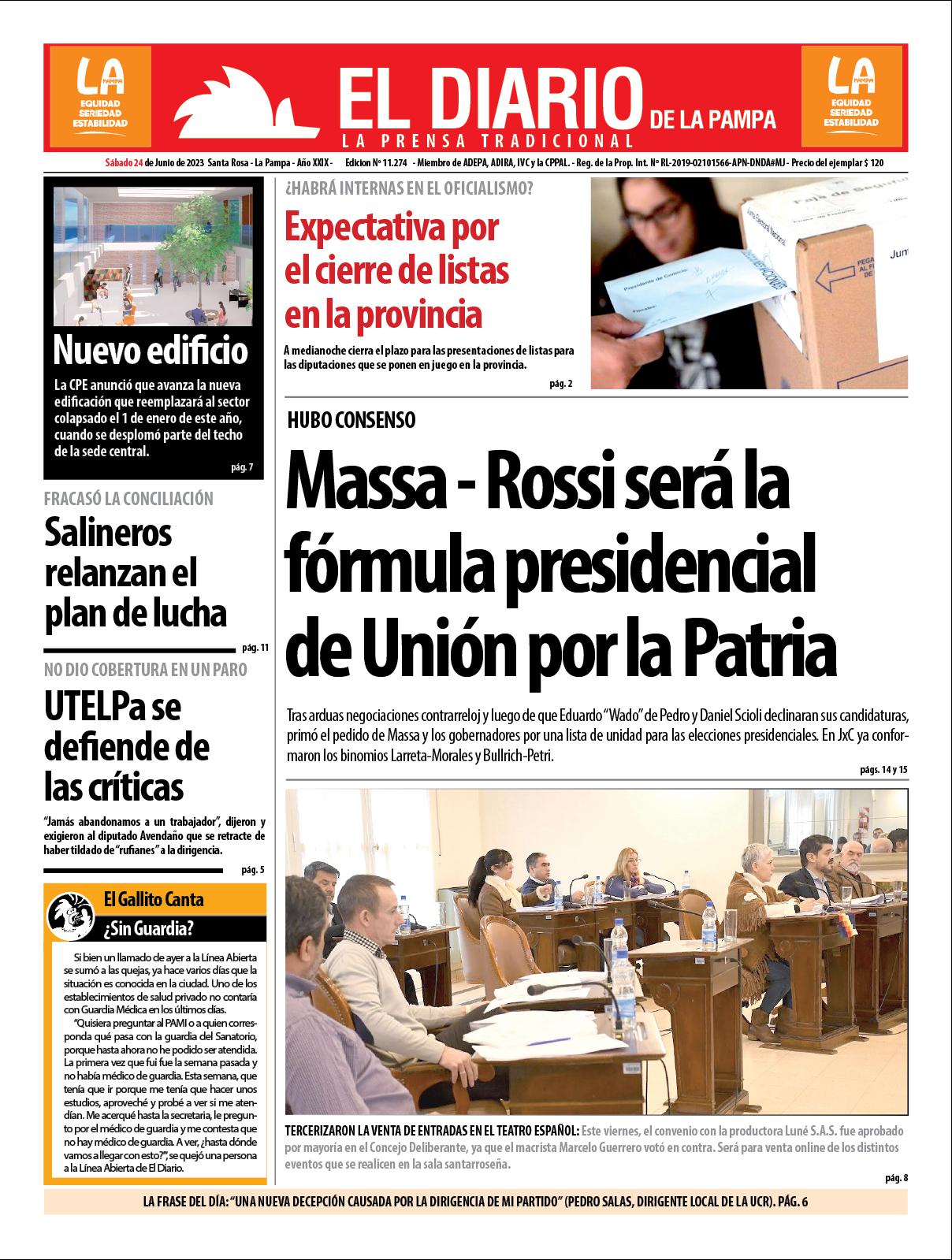 Tapa de El Diario en papel  saacutebado 24 de junio de 2023